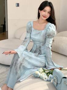 DAZY Women's Ink Wash Tie Waist Puff Sleeve Dress,Ruffle,Fall Dress Long Sleeve Dress - Blue - View 4