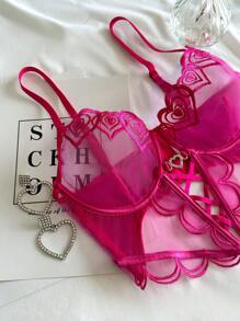 PetitDoll Embroidered Mesh Bra & Panty Lingerie Set With Spaghetti Strap - Hot Pink - View 4