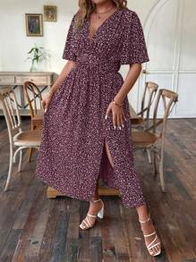 SHEIN Clasi Đầm tay ngắn xếp nếp hoa Boho phong cách nghỉ mát mùa hè cỡ lớn cho nữ màu đỏ tía - Màu Đỏ Sâu - Xem 6