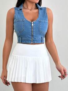 EURMUSE Women's Collared Sleeveless Denim Vest With Zipper Front - Blue - View 6