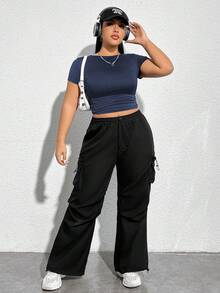 CovetEZ Plus Size Women'S Round Neck Basic High-Stretchy Crop Top T-Shirt - Navy Blue - View 5