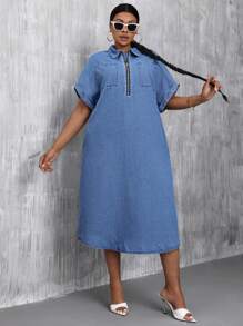 加大尺寸女士拉鍊半排扣蝙蝠短袖牛仔裙 - 中等水洗藍 - 查看 4