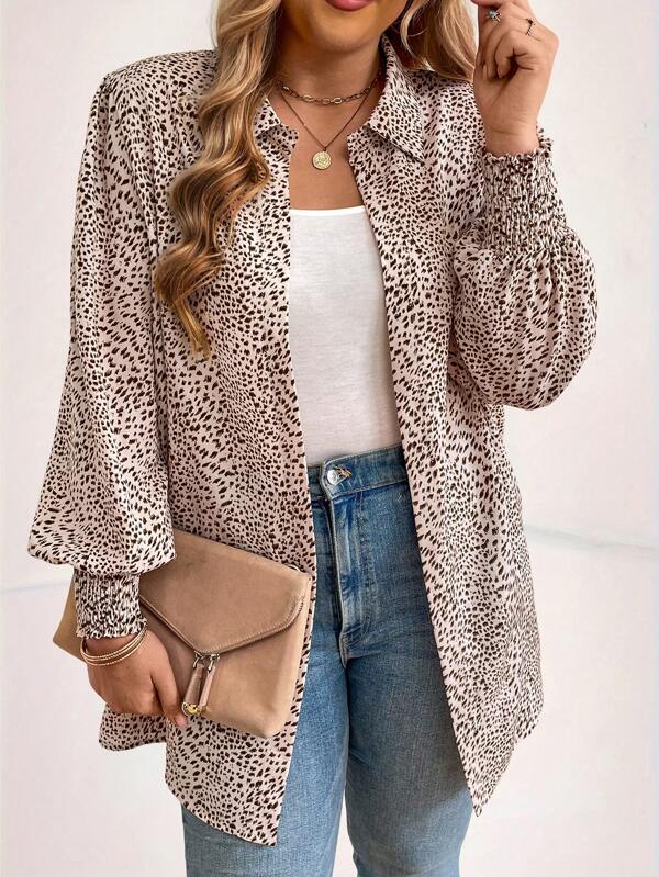 EMERY ROSE Women's Casual Woven Leopard Dot Print Shirred Cuff Cardigan, Loose Fit Thin Outerwear, Plus Size, Spring Autumn