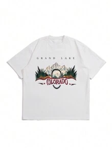 2025 男士时尚山地印花落肩休闲日常装短袖 T 恤，春夏 - 白色 - 查看 4