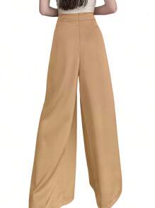 Women's Solid Color High Waist Wide Leg Pants, Spring/Summer - Khaki - View 2
