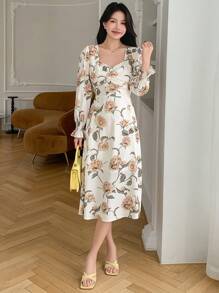 DAZY Damska sukienka z dekoltem w serduszko, rękawami typu latarnia, nadrukiem i elegancką, falbaną, jesienną sukienką na wakacje - Żółty - Zobacz 2