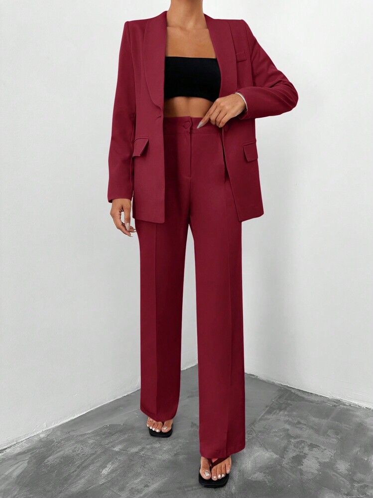 EURMUSE Women's Solid Color Shawl Collar Long Sleeve Suit Jacket And Pants Set - Burgundy - View 3