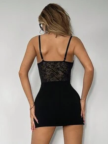 SHEIN ICON 夏季蕾絲面板高開叉下擺內托背心連身裙 - 黑色 - 查看 4