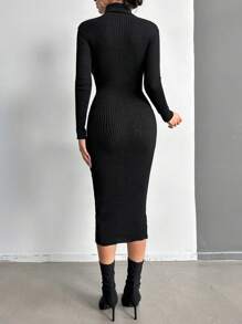 SHEIN Cottnline Slim Ribbed High Neck Knitted Sweater Dress Without Belt - Black - View 2