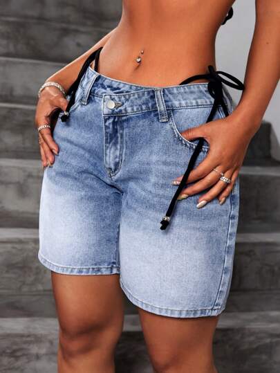 SHEIN ICON Women's Summer Casual Washed Denim Shorts With Slanted Pockets
