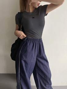 DAZY 女式休闲星星印花短袖 T 恤，适合 Y2k 春夏 - 深灰色 - 查看 3