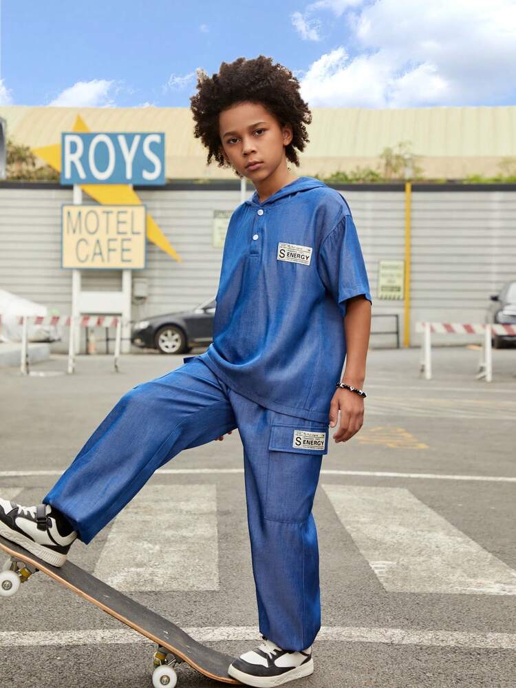 2pcs/Set Tween Boy Casual Short Sleeve Hooded Shirt With Letter Print And Long Pants