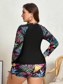 Swim Lushoire Plus Size Summer Beach Contrast Tropical Printed Long Sleeve Top & Shorts Rashguard Set - Multicolor - View 3