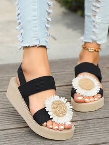 夏季新款時尚高跟鞋,帶有踝帶,適合女性外出、渡假、海灘,配有向日葵和雛菊diy楔形底和大碼號碼 - 黑色 - 查看 1