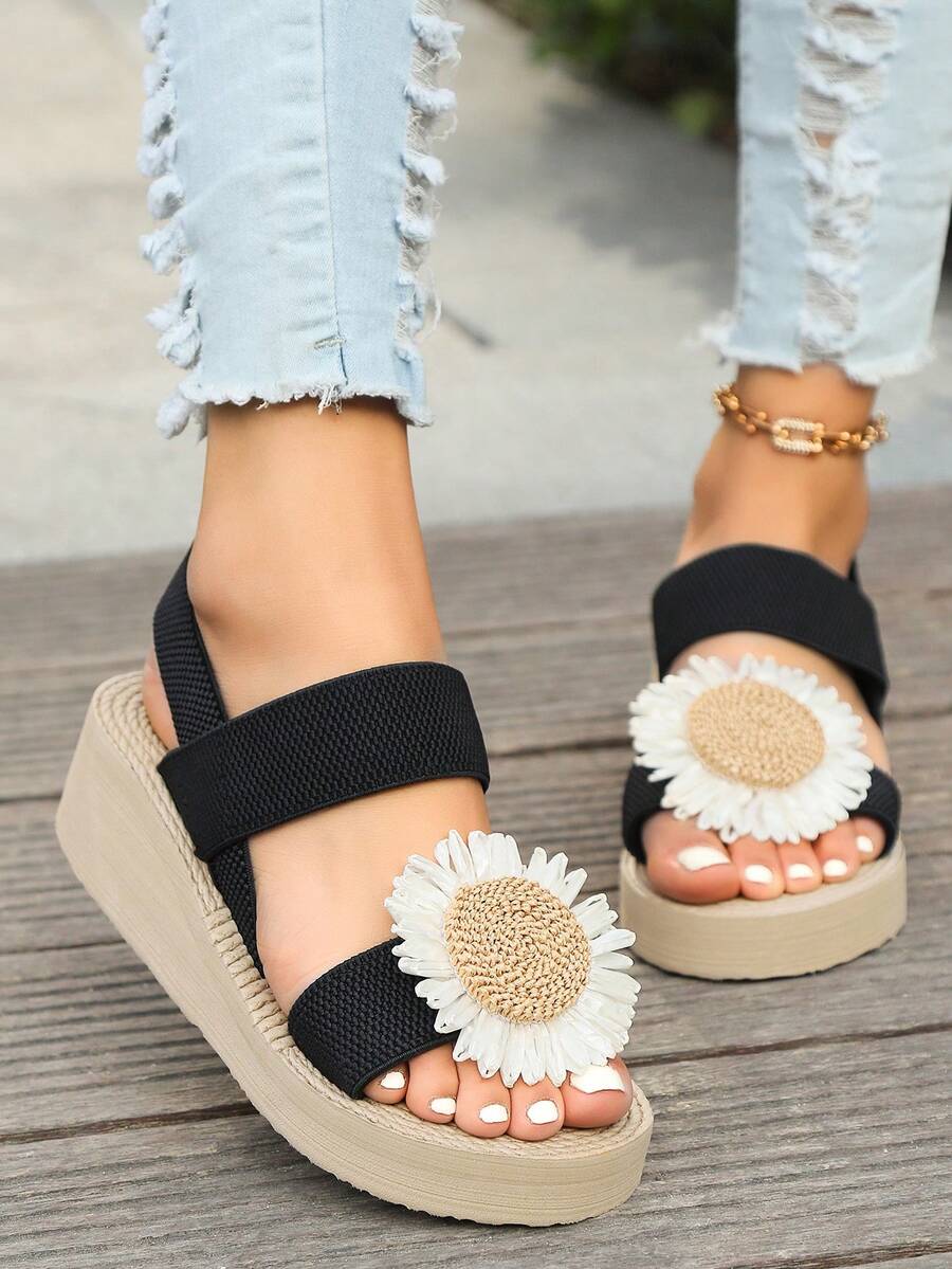夏季新款時尚高跟鞋,帶有踝帶,適合女性外出、渡假、海灘,配有向日葵和雛菊diy楔形底和大碼號碼 - 黑色 - 查看 1