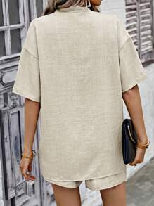 SHEIN LUNE Women's Fashionable Summer Casual Solid Color Loose Fit Two-Piece Set - Khaki - View 2