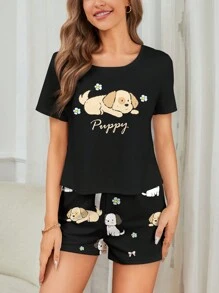 SHEIN Women's Animal Printed Round Neck Short Sleeved T-Shirt And Shorts Pajama Set, Suitable For Summer - Multicolor - View 4