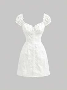 SHEIN MOD 白色复古纯色刺绣甜心领口连衣裙、连衣裙、可爱夏季连衣裙、白色连衣裙 - 白色 - 查看 1