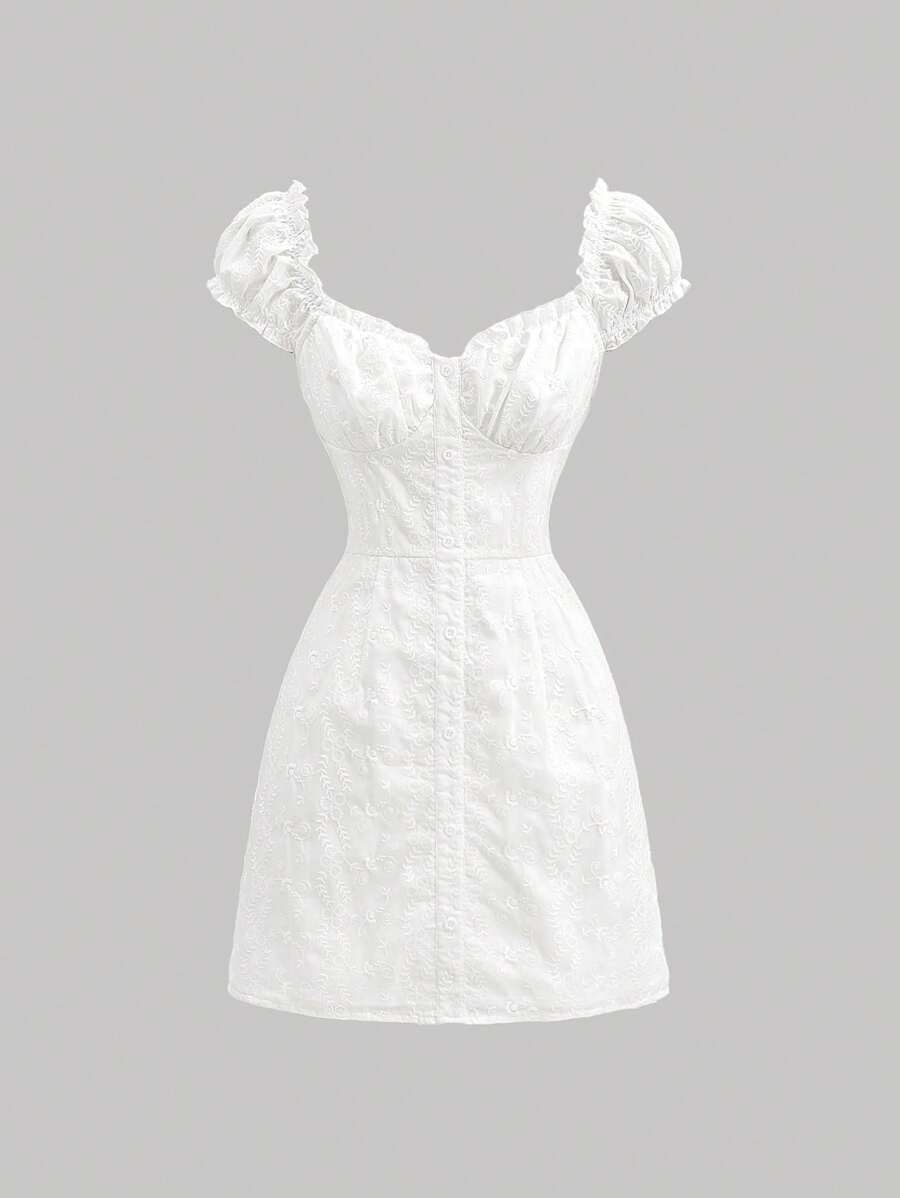 SHEIN MOD 白色复古纯色刺绣甜心领口连衣裙、连衣裙、可爱夏季连衣裙、白色连衣裙 - 白色 - 查看 1