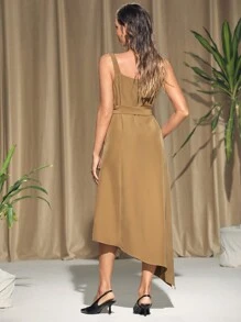 KES Vestido midi de princesa sin mangas color caqui, vestido elegante de verano para vacaciones, fiestas, cumpleaños, festivales, boda, baile de graduación
