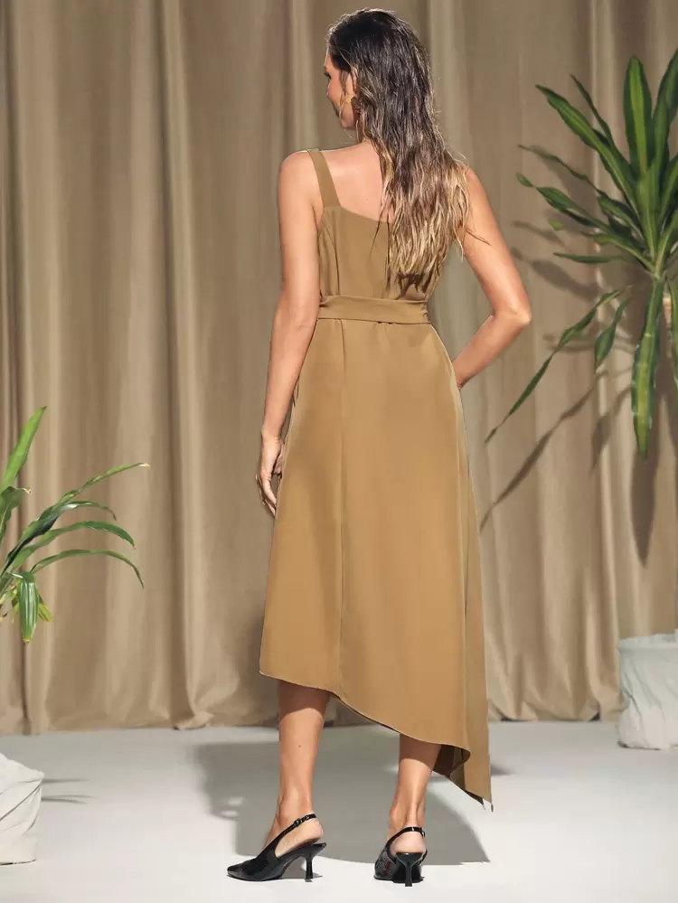 Designer Khaki Sleeveless Princess Seam Midi Dress, Summer Elegant Dress, Holiday, Party, Vacation Outfit, Birthday Outfits, Festival, Ibiza Fits, Wedding, Prom Dress