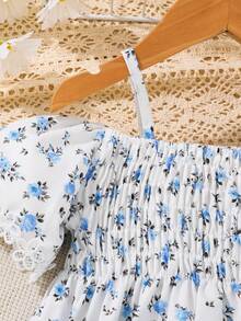 SHEIN Young Girl Holiday Summer Leisure Ditsy Floral Print Off-Shoulder Tank Top And Printed Pants Two-Piece Set - Baby Blue - View 7