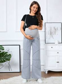 SHEIN Adjustable Maternity Loose Fit Denim Pants With Elastic Waistband Jeans - Light Wash - View 3