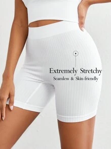 Ocili 休闲超弹无缝亲肤高腰舒适纯色宽罗纹防暴露短裤-白色