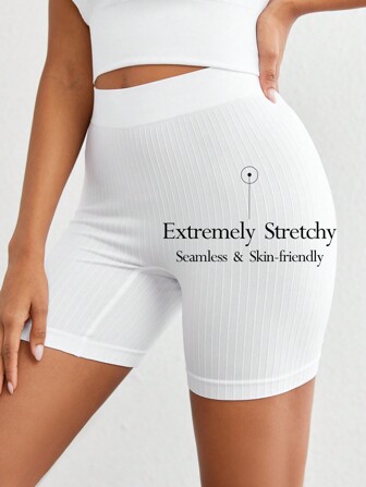Ocili Ocili Extrem dehnbare nahtlose und hautfreundliche High-Rise bequeme solide breite Rippen Sicherheits-Shorts-weiß