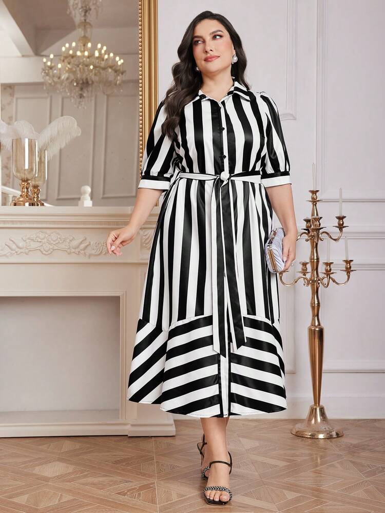 Women's Striped Belted Elegant Plus Size Dress
