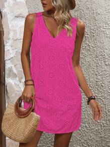 Breezaya Summer Casual Hollow Out Embroidered Sleeveless Dress - Hot Pink - View 2