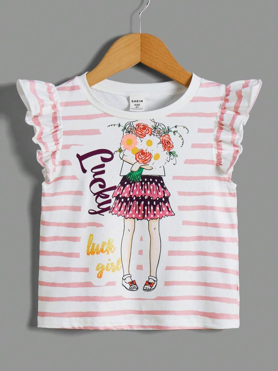 SHEIN 青少女條紋休閒t恤,設有褶邊細節,夏季必備 - 粉色 - 查看 1