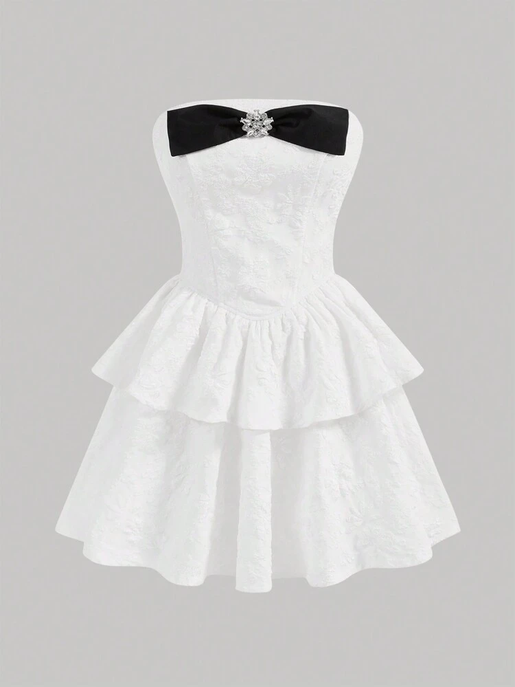 Bow Decorated Floral Print Bandeau Dress With Multi-Tier Ruffle Hem And Floral Applique Material