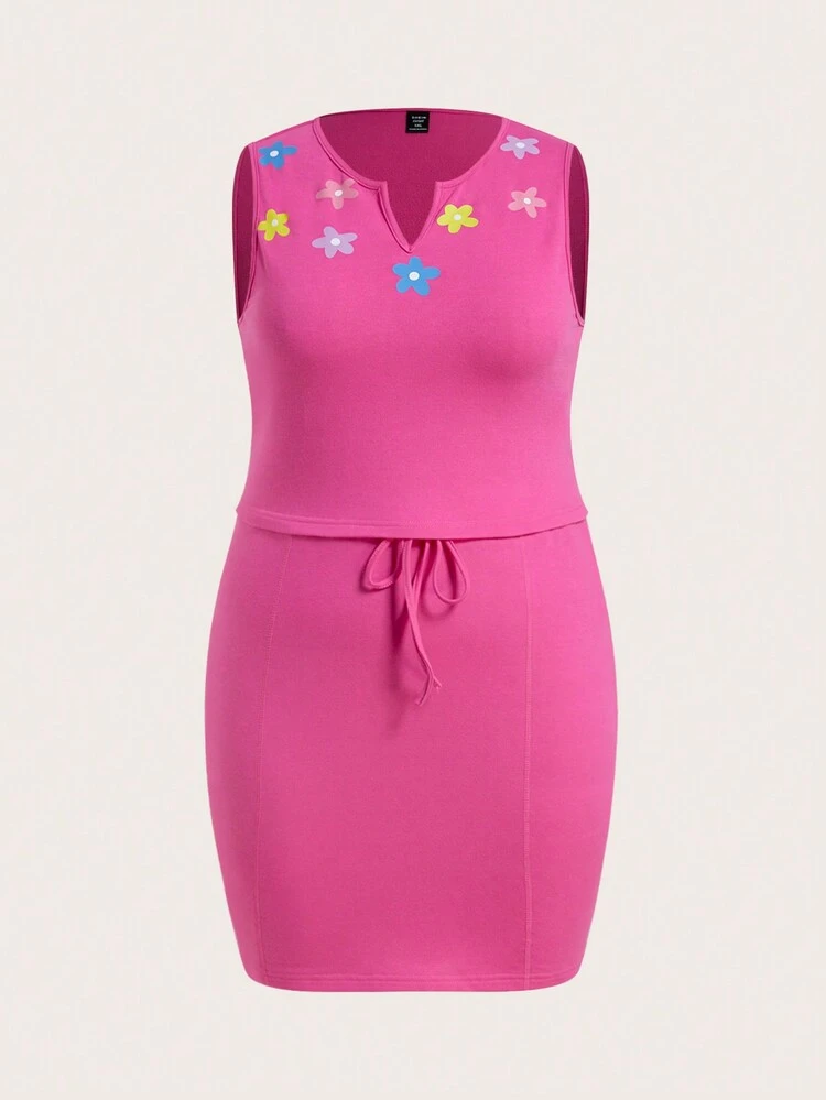 Plus Size Women's Floral Print Vest Top And A-Line Skirt Two Pieces Set