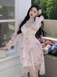 DAZY Đầm dài tay in họa tiết hoa xếp nếp cho nữ, váy suông Milkmaid, váy ngắn - Màu Hồng baby - Xem 7