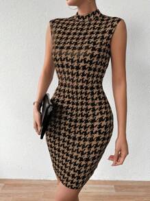 Chiquease Women's Summer Sleeveless Bodycon Mock Neck Dress In Houndstooth Pattern