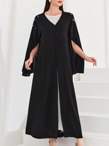 Al Najma Arabian Abaya With Cape Sleeves & Rhinestone Decoration, Muslim Fashion Abaya For Casual/Festival/Gathering/Travel - Black - View 4