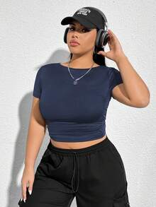 CovetEZ Plus Size Women'S Round Neck Basic High-Stretchy Crop Top T-Shirt - Navy Blue - View 4
