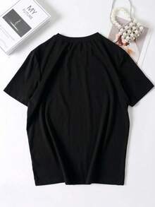 Flirla Plus Size Music Festival Piano Print Regular Shoulder T-Shirt - Black - View 2