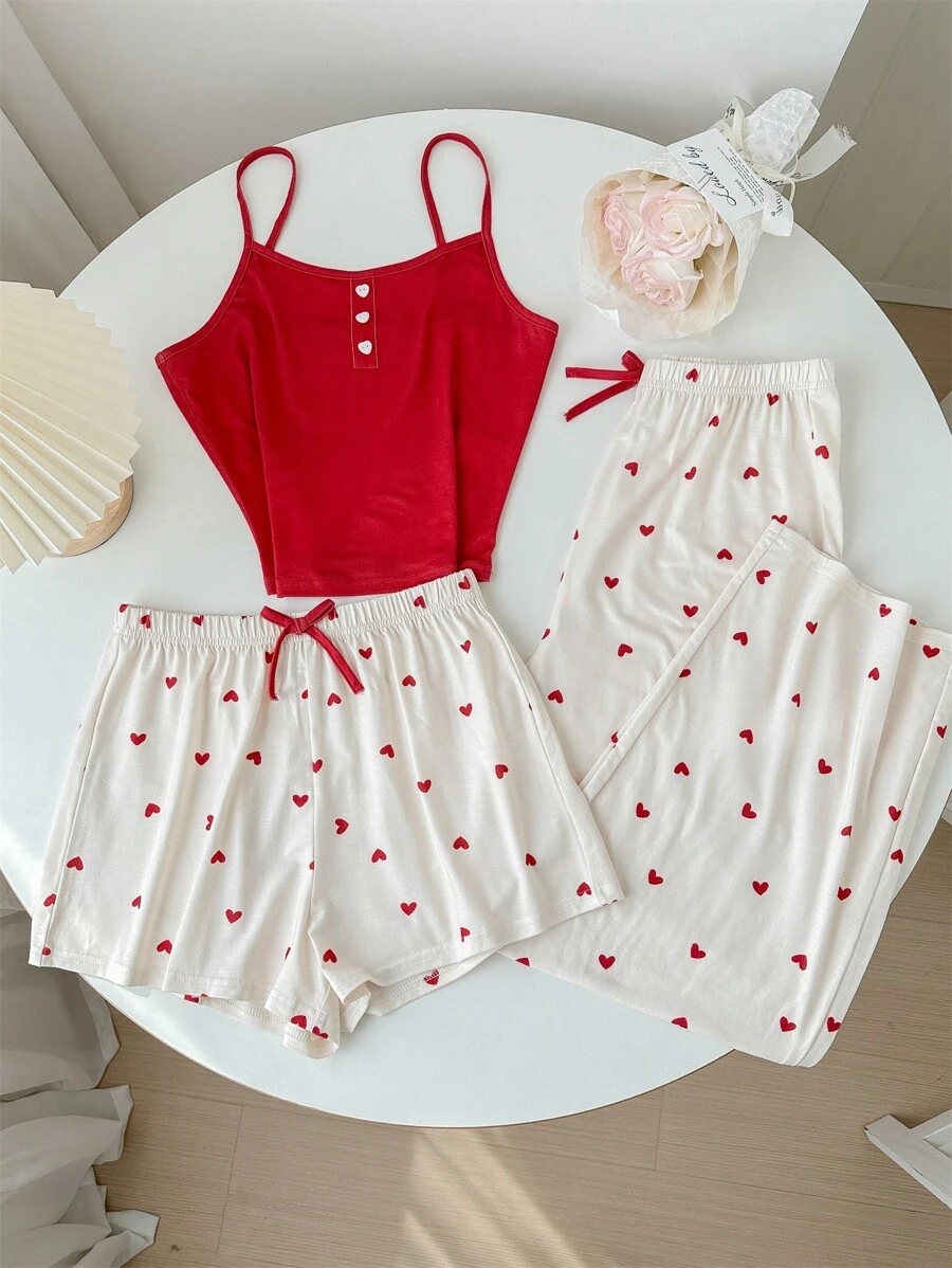 SHEIN Leap Crew Teen Girl 3 cái/bộ Áo ba lỗ dệt kim hình trái tim + Quần + Quần short Homewear cho mùa hè - Đỏ và trắng - Xem 1