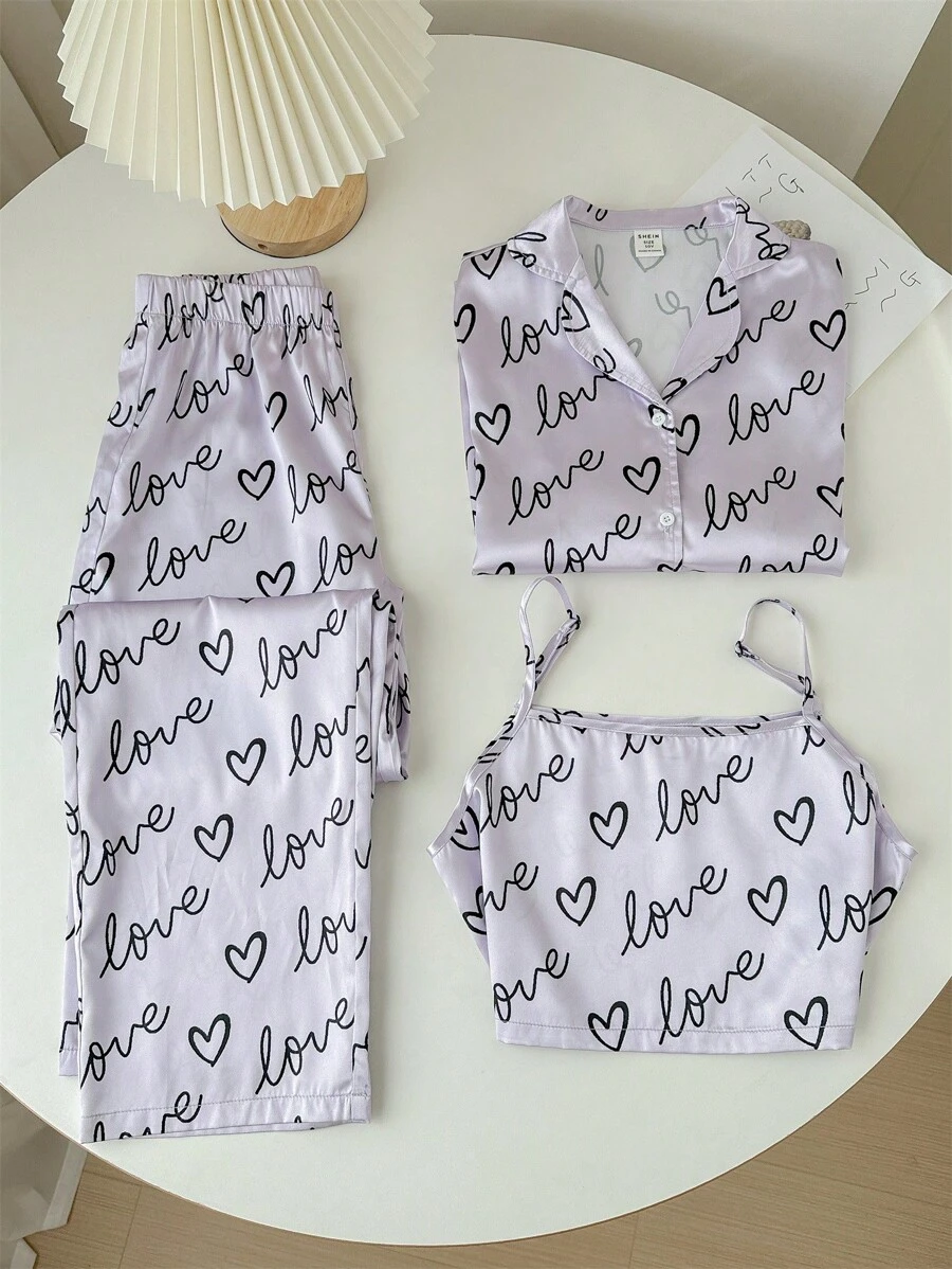 SHEIN Tween Girl Heart Pattern Silk Elegant Quality Woven Home Wear 3pcs/Set - Purple - View 1