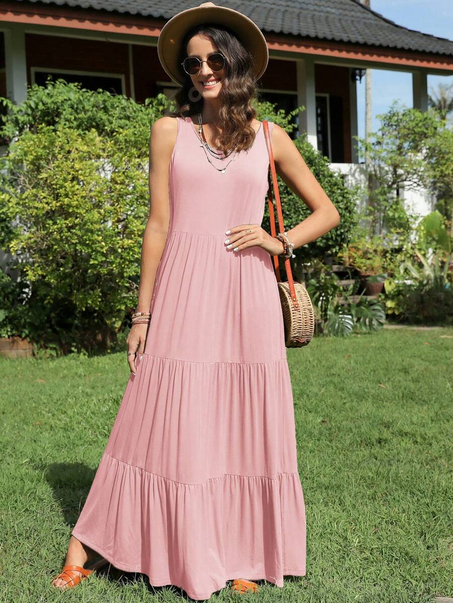 SHEIN LUNE Robe D'été De Vacances Sans Manches En Couleur Unie Pour Femmes Avec Ourlet À Volants