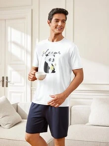 Men's Panda Printed Short Sleeve White Top & Shorts Pajama Set - White - View 3
