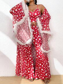 Flirla Ensemble de 3 pièces pour femmes de grande taille: Veste à manches cloches avec manchettes épaisses et top court avec pantalon évasé à imprimé cœur
