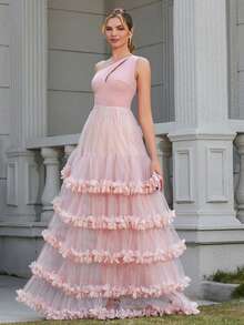 LOVE&LEMONADE Damen Abendkleid mit einer Schulter, Cut-outs, rosa, ärmellos, mehrlagigem Tüll und 3D-Blumendekor am Saum - Pink - Übersicht 4