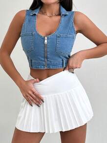 EURMUSE Women's Collared Sleeveless Denim Vest With Zipper Front - Blue - View 5