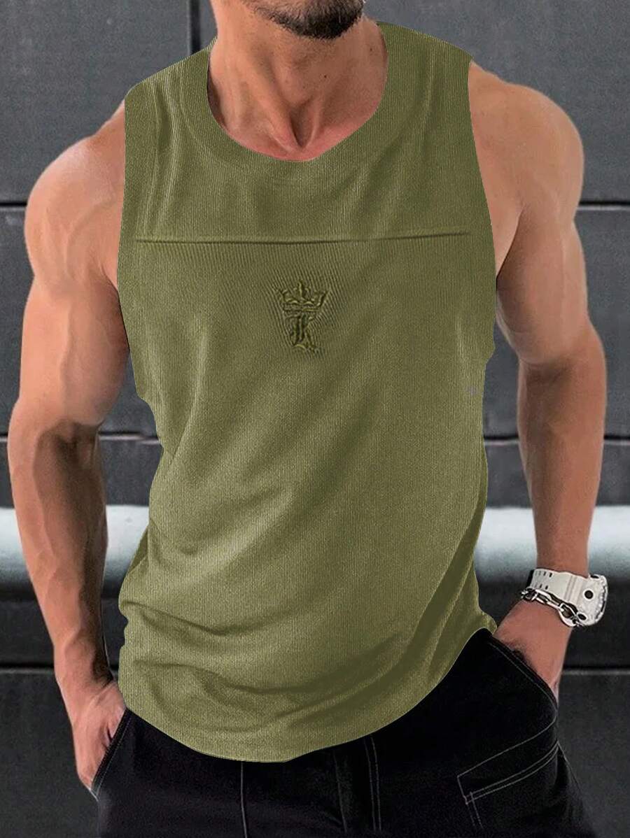 Manfinity Homme 男士字母刺繡背心上衣 - 綠色 - 查看 1