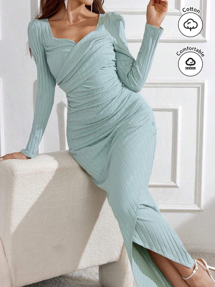 Modelyn 女士纯色长袖心形领口连衣裙长款晚礼服 - 綠色 - 查看 1