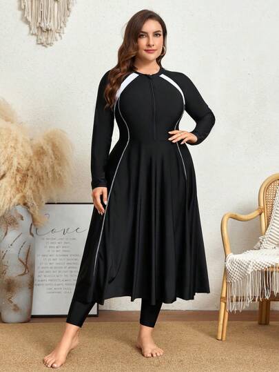 Swim Mulvari Plus Size Women's Summer Beach Fashionable Colorblock Long Sleeve Burkini Set Arabic Clothing