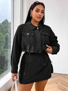 Flirla Plus Size Solid Color Jacket & Skirt Workwear 2pcs/Set Fall Cloth For Women - Black - View 7